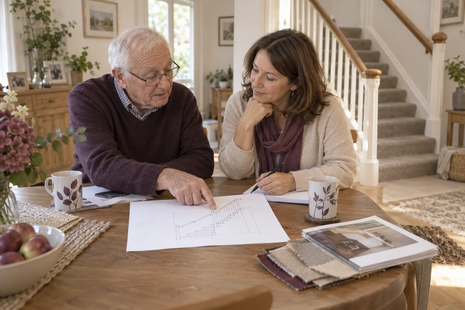 Illustration générée : un parent et sa fille discutant du projet dans la maison.