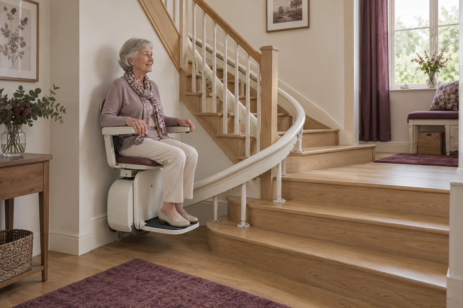 Illustration générée : siège monte-escalier sur un rail courbe suivant un escalier tournant.