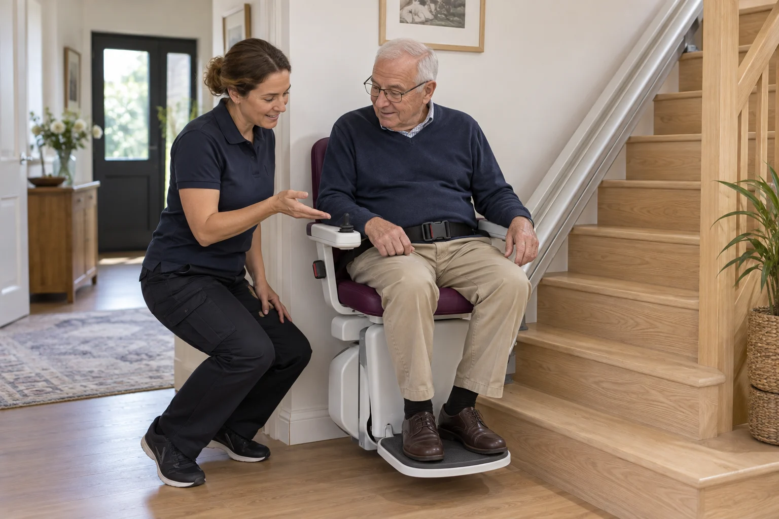 Illustration générée : utilisateur découvrant la commande du monte-escalier avec un technicien.