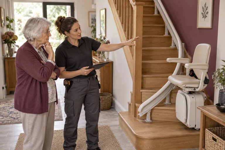Illustration générée : échange avec une technicienne devant l’escalier.