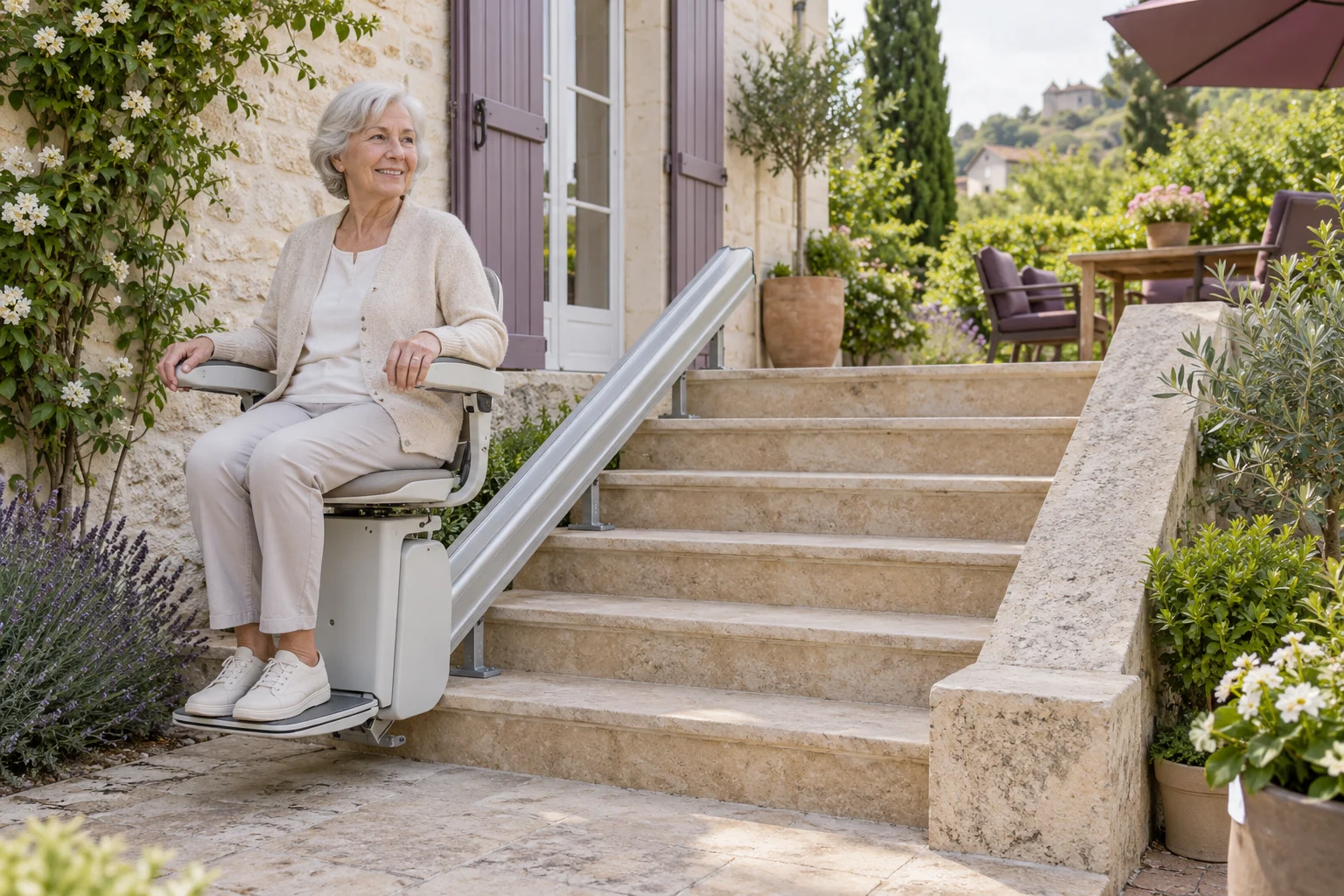 Illustration générée : monte-escalier extérieur le long de marches en pierre.