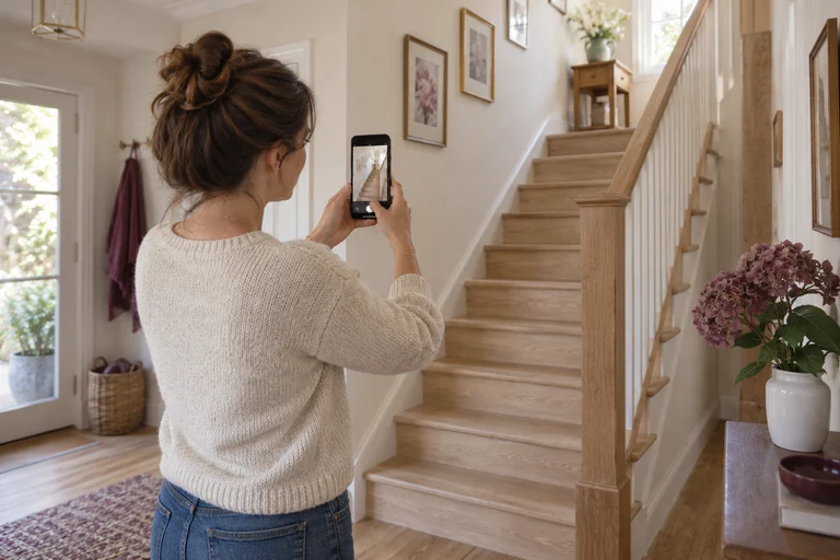 Illustration générée : une proche photographiant l’escalier pour préparer le projet.