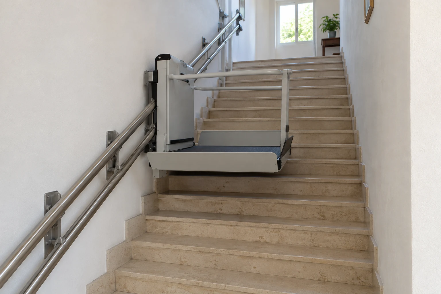 Illustration générée : plateforme inclinée vide pour fauteuil roulant, au-dessus des marches et reliée à ses deux rails.