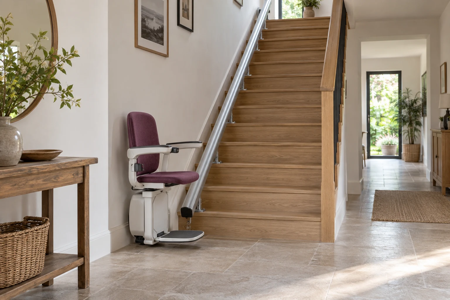 Illustration générée : siège monte-escalier sur un rail droit dans un escalier sans virage.