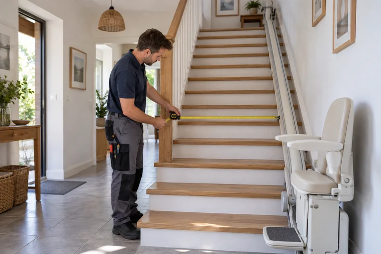 Illustration générée : technicien relevant la largeur de l’escalier.