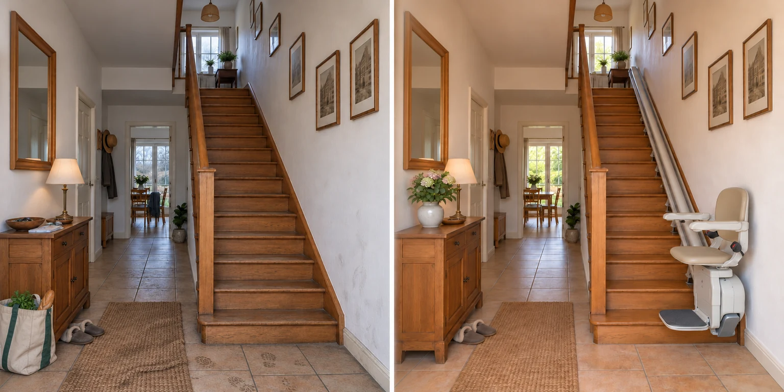 Escalier droit : avant à gauche, équipement envisagé à droite. Illustration générée.