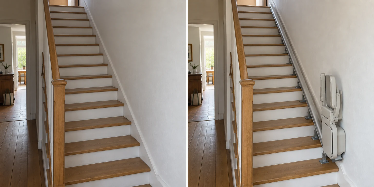 Escalier étroit : avant à gauche, équipement envisagé à droite. Illustration générée.